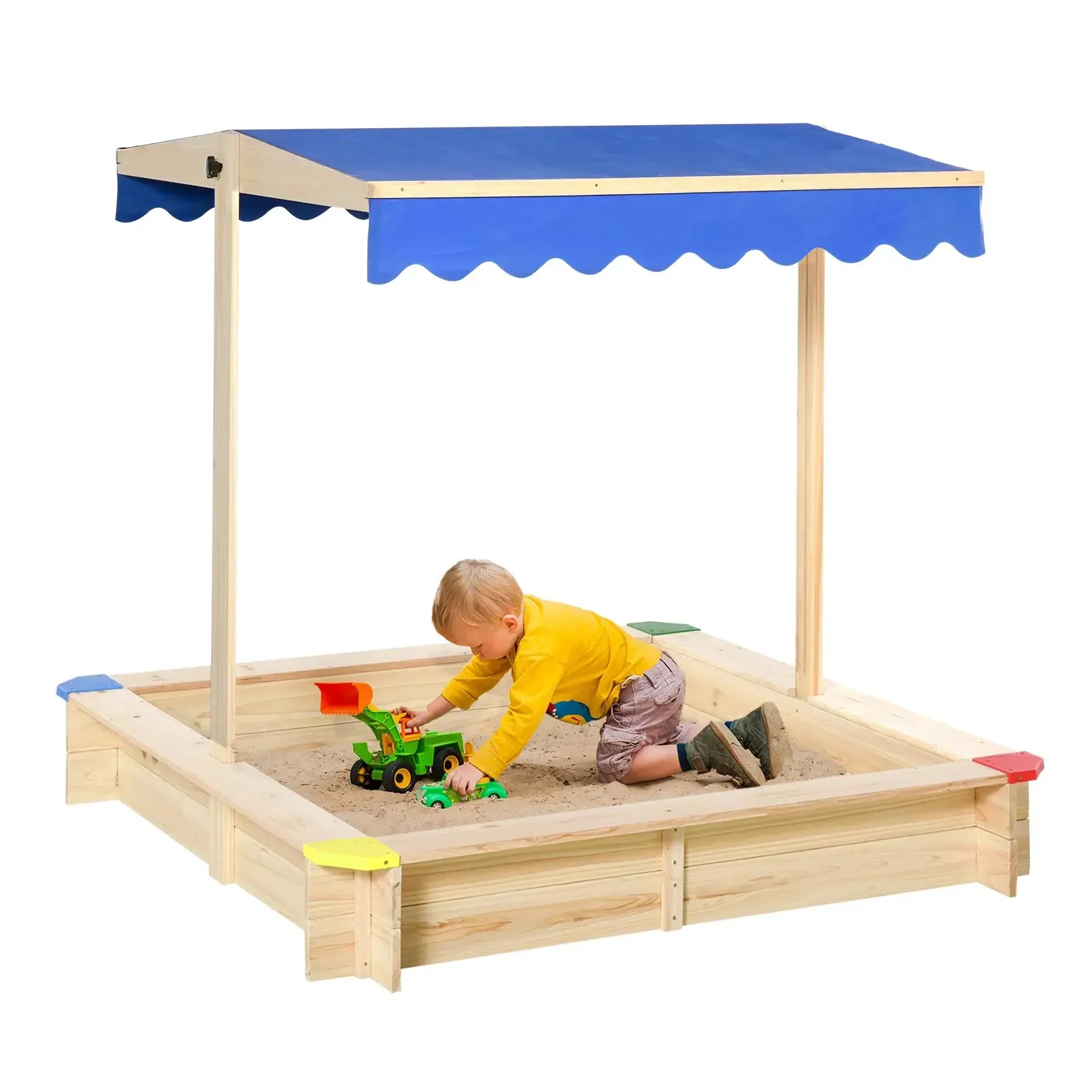 Bac à sable bois avec couvercle, structure en bois, toit bleu et coins colorés, idéal pour magasins de jouets