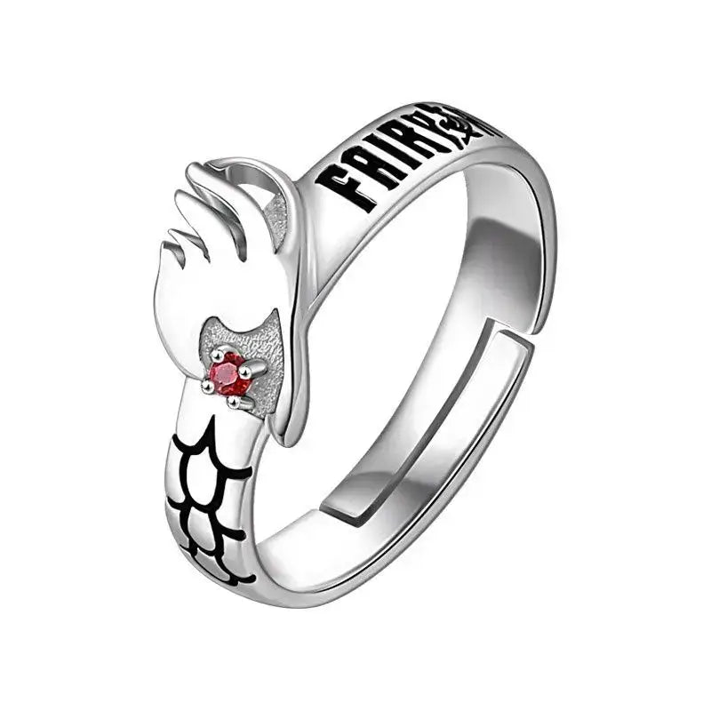 Bague fairy tail etherious en argent ajustable avec main stylisée écailles de dragon et pierre rouge l’univers magique