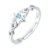 Bague genshin impact argent en forme detoile avec pierre bleue centrale et details geometriques fins sur anneau ajustable