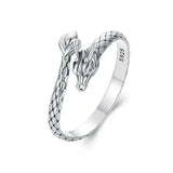 Bague argent réglable dragon avec tête détaillée et écailles texturées marquée s925, magnifique bague dragon en argent