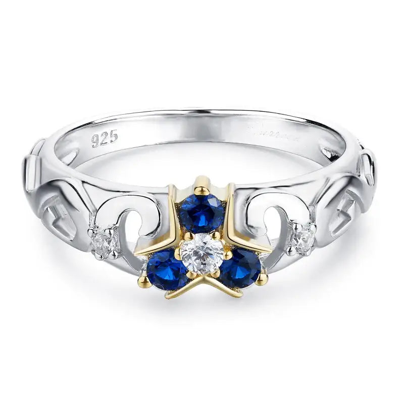 Bague zelda totk en argent deux tons argent et or avec design étoile et zora sapphire bleu profond totk zora sapphire