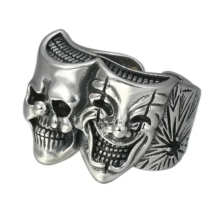 Bague joker deux faces pour hommes en argent avec visage de crâne et masque de clown idéale pour déguisement carnaval