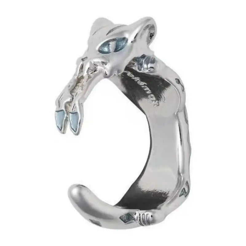 Bague pokémon baojian chien-pao en argent en forme de chat avec yeux et griffes en pierre bleue, pokémon légendaire