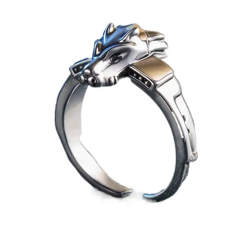 Stylish bagues digimon greymon en argent et or avec tête de loup détaillée pour les fans du monde numérique