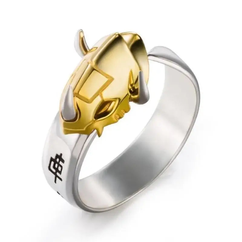 Bague digimon greymon en or et argent avec tete de taureau stylisee detaillee pour monde numérique