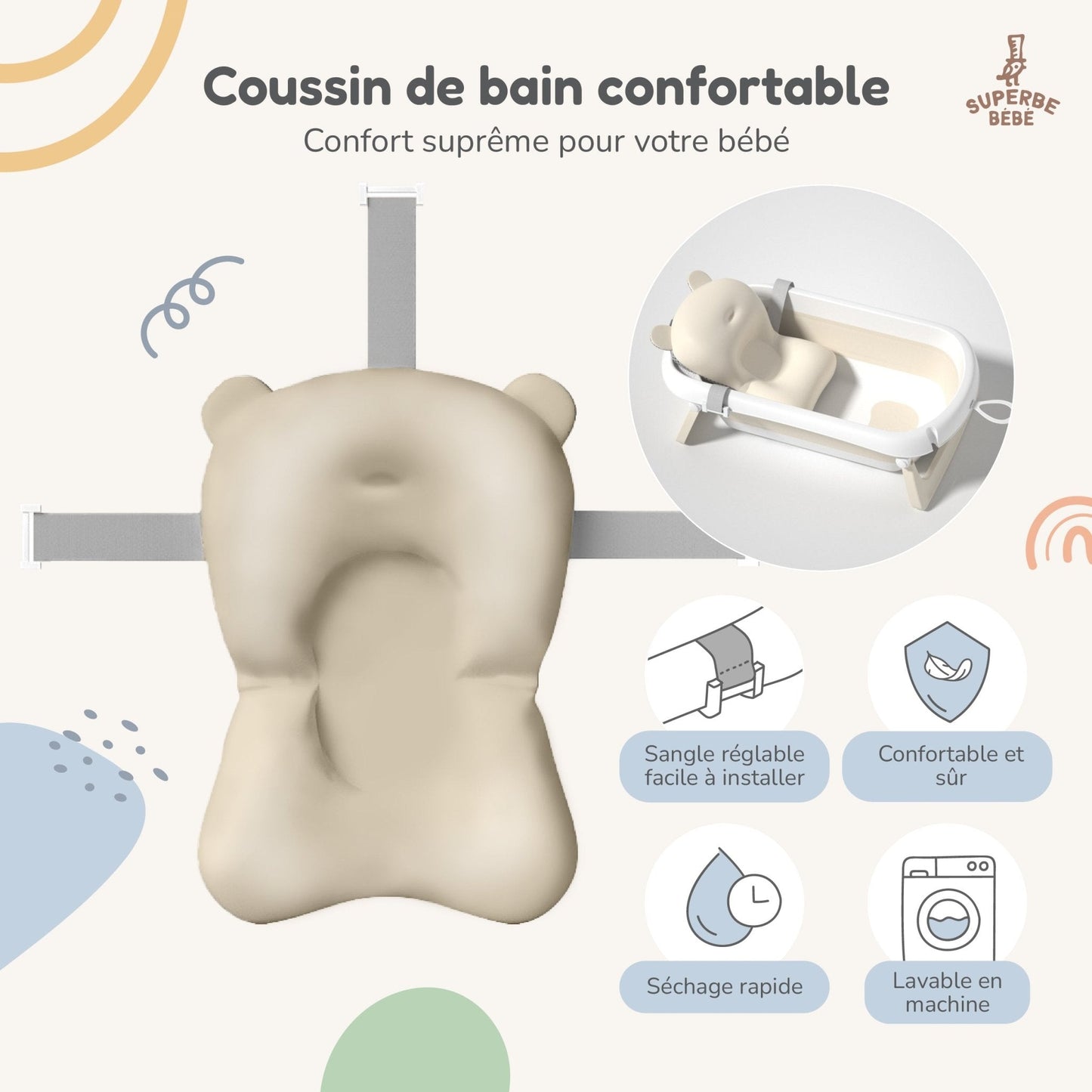 Baignoire bébé pliable sur pied – Transat ou coussin inclus