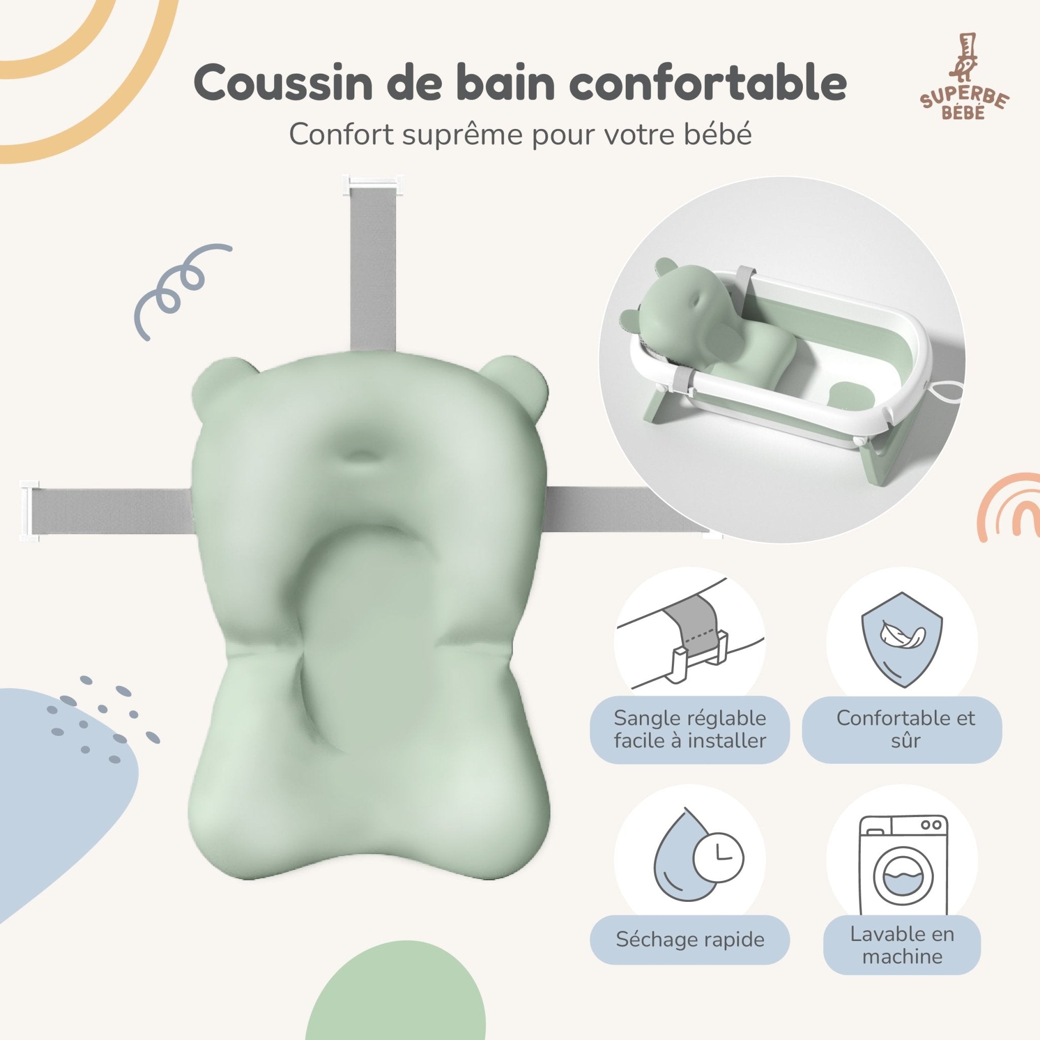 Baignoire bébé pliable sur pied – Transat ou coussin inclus