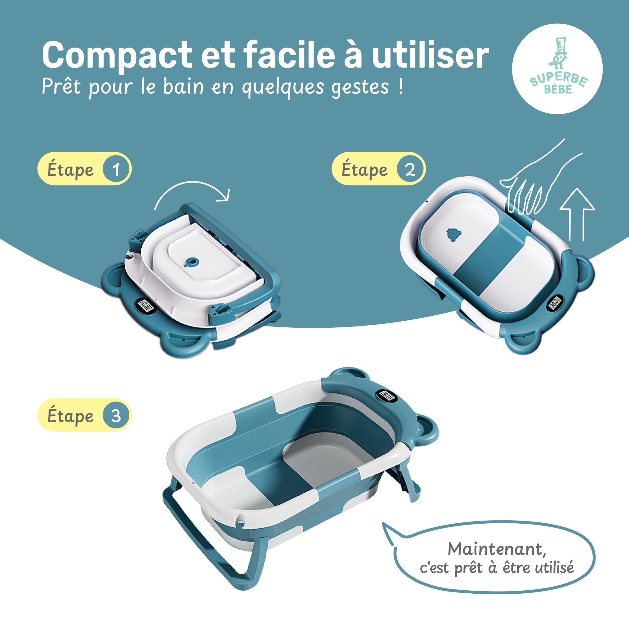Baignoire bébé pliable compacte BEAR – Coussin & thermomètre inclus