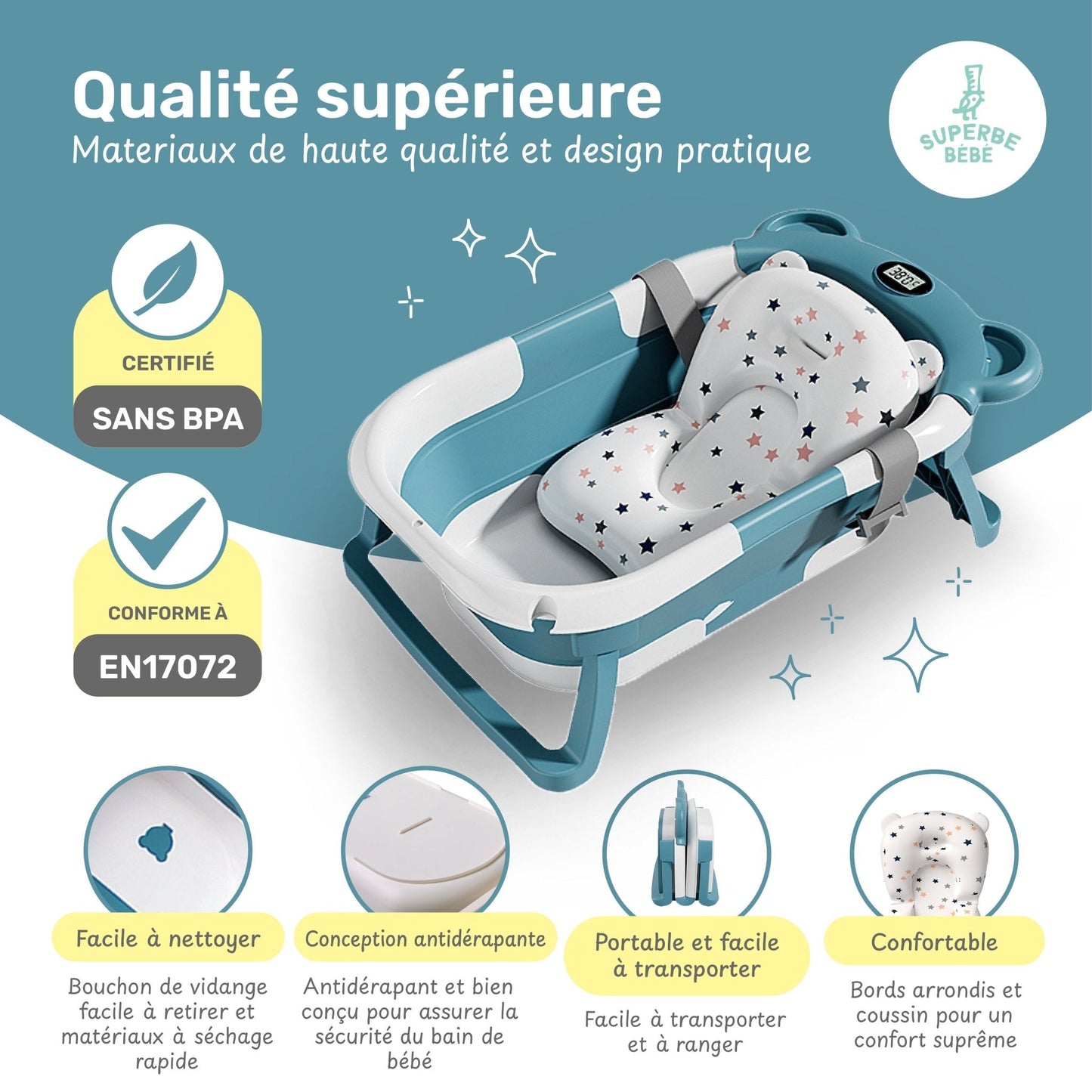 Baignoire bébé pliable compacte BEAR – Coussin & thermomètre inclus