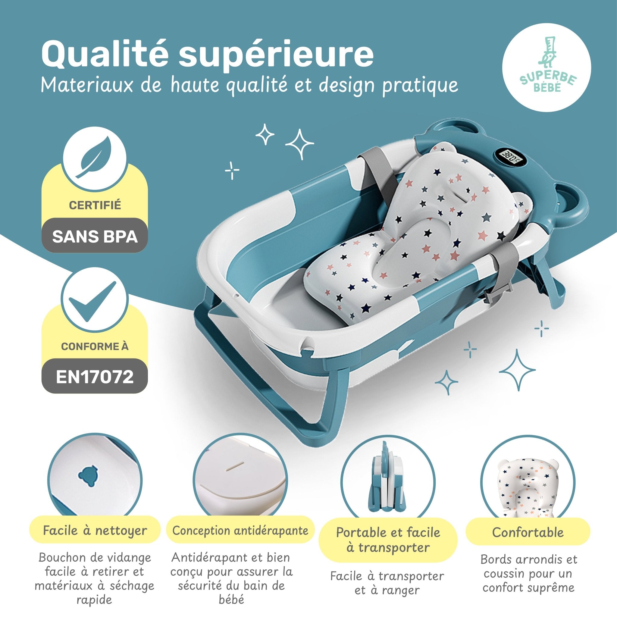 Baignoire bébé pliable compacte BEAR – Coussin & thermomètre inclus