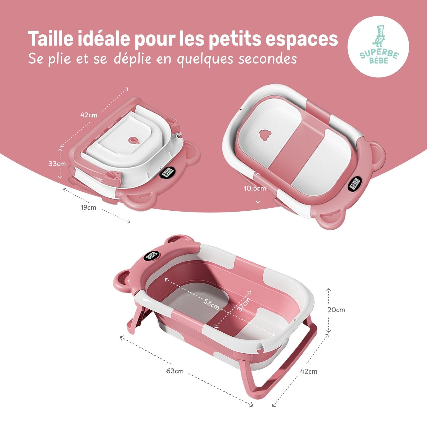 Baignoire bébé pliable compacte BEAR – Coussin & thermomètre inclus