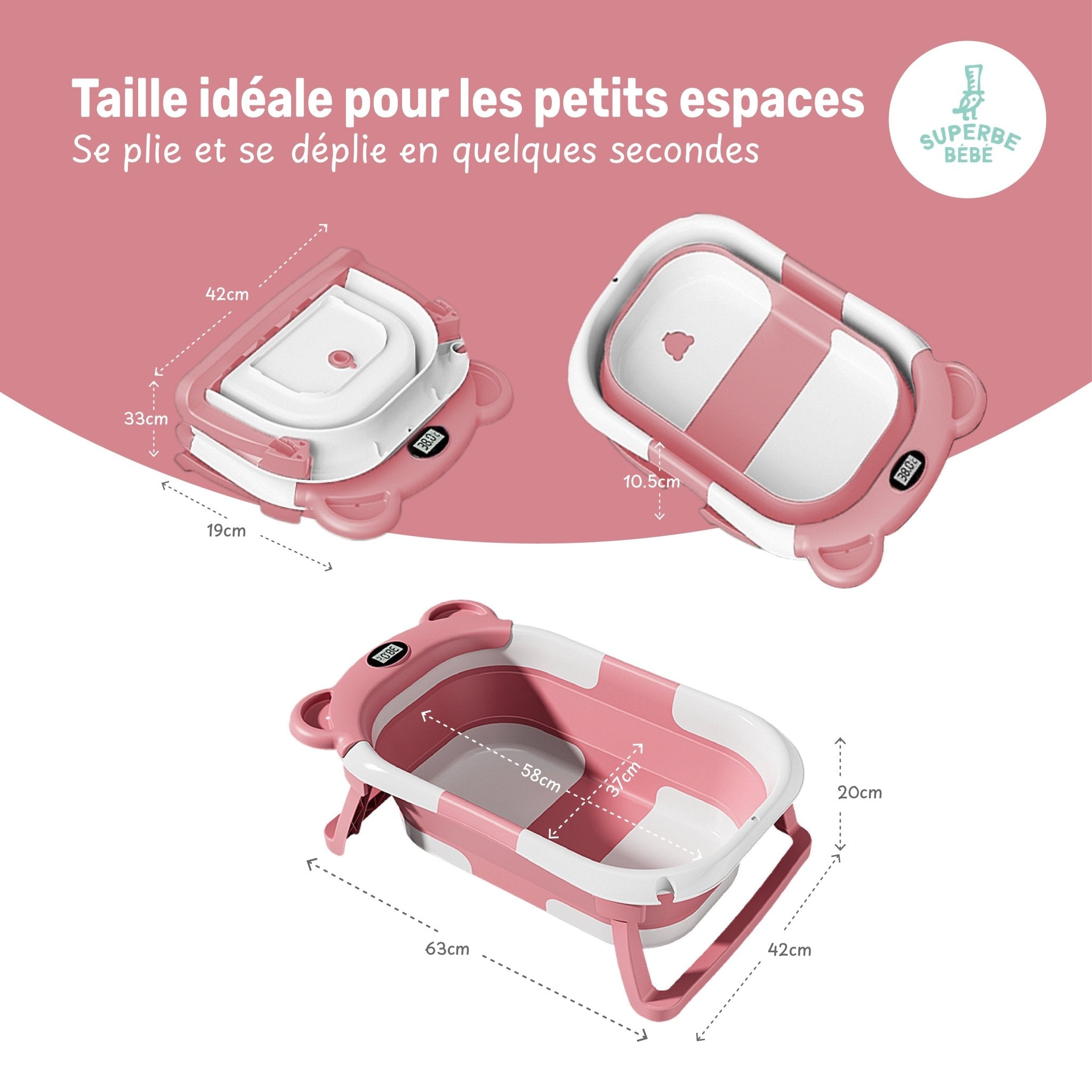 Baignoire bébé pliable compacte BEAR – Coussin & thermomètre inclus