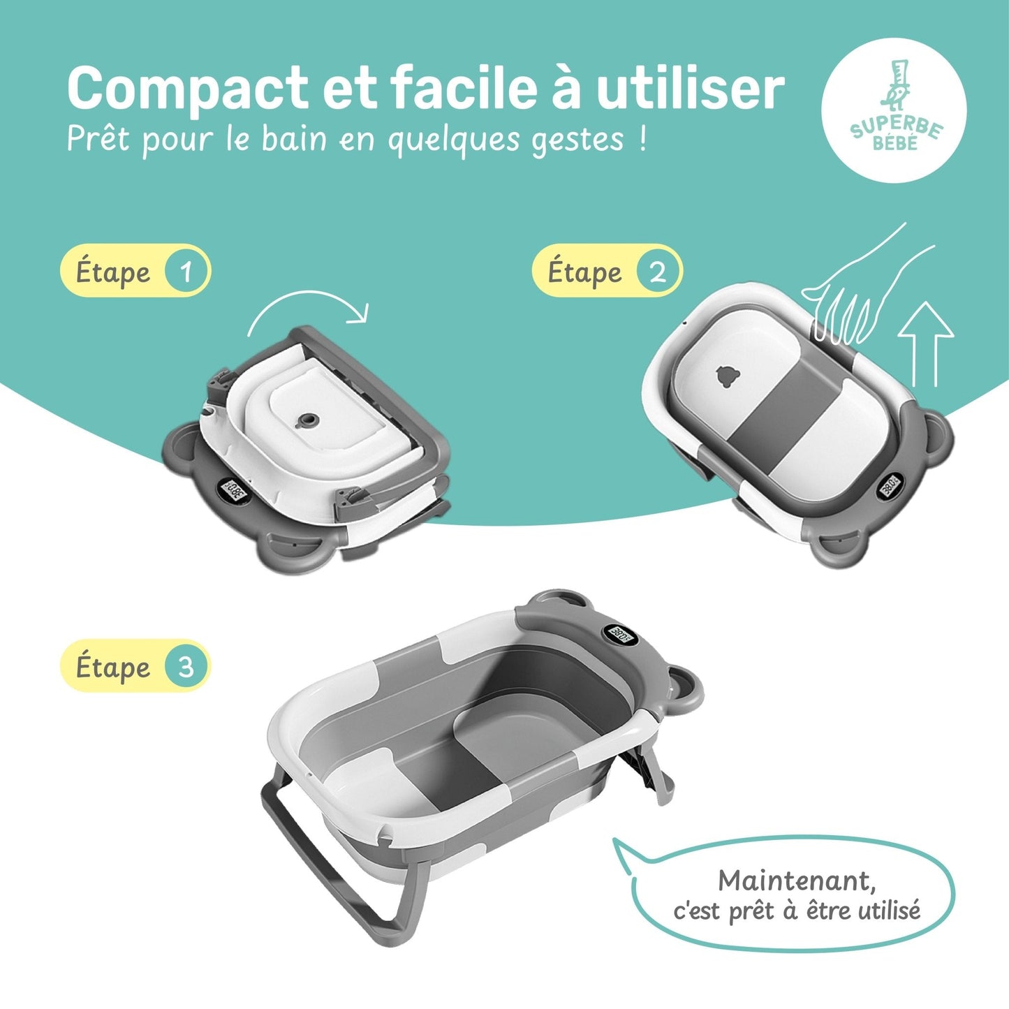 Baignoire bébé pliable compacte BEAR – Coussin & thermomètre inclus