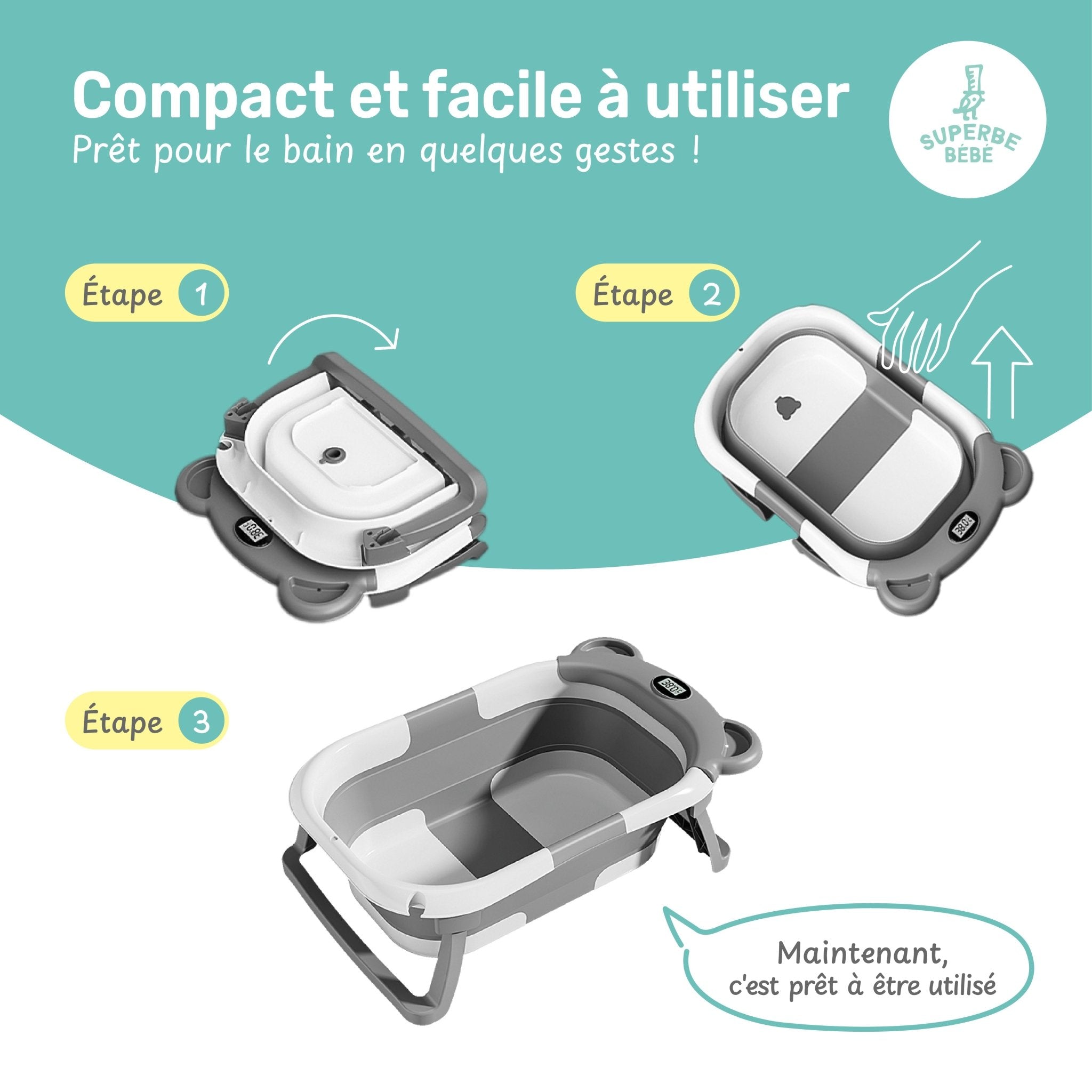 Baignoire bébé pliable compacte BEAR – Coussin & thermomètre inclus