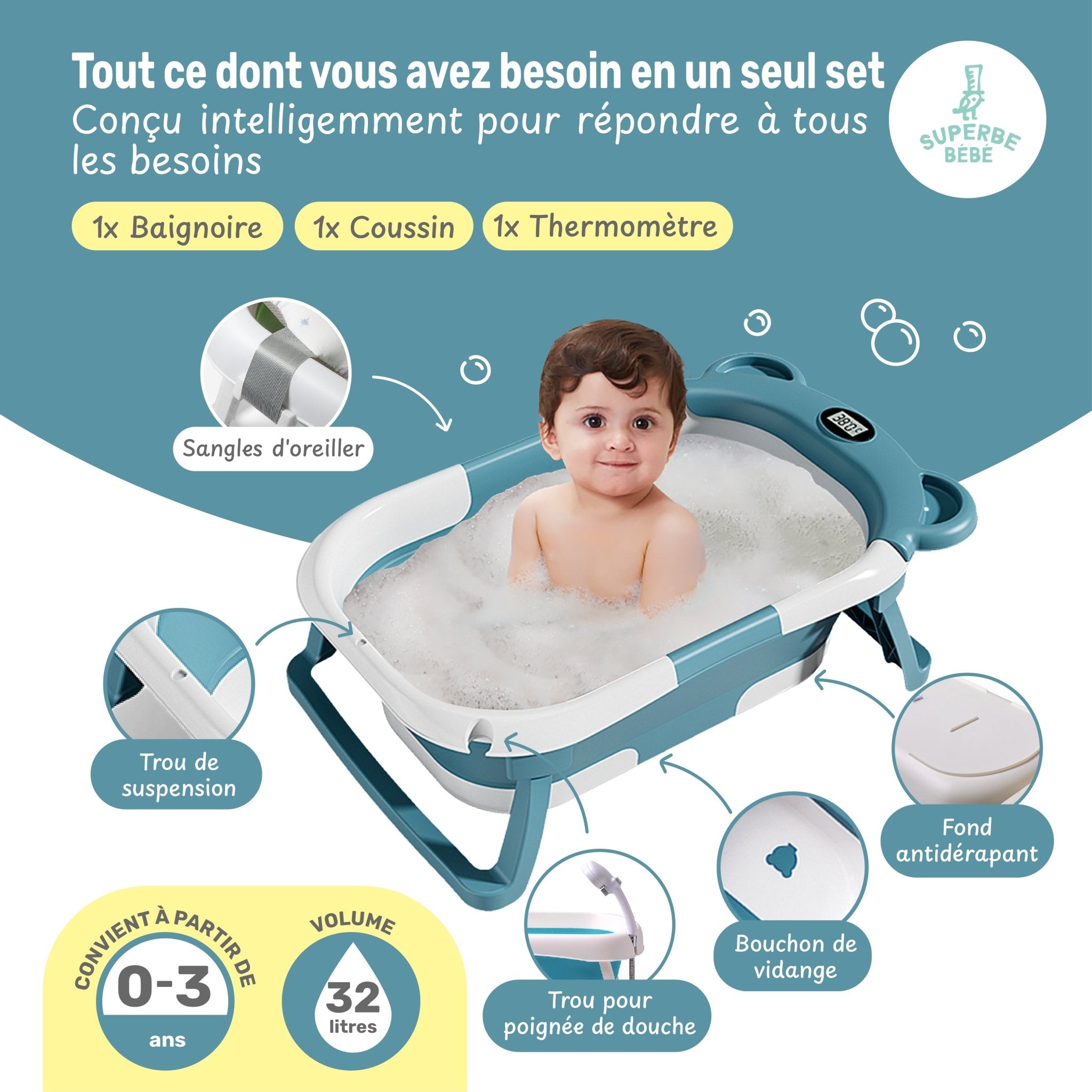 Baignoire bébé pliable compacte BEAR – Coussin & thermomètre inclus