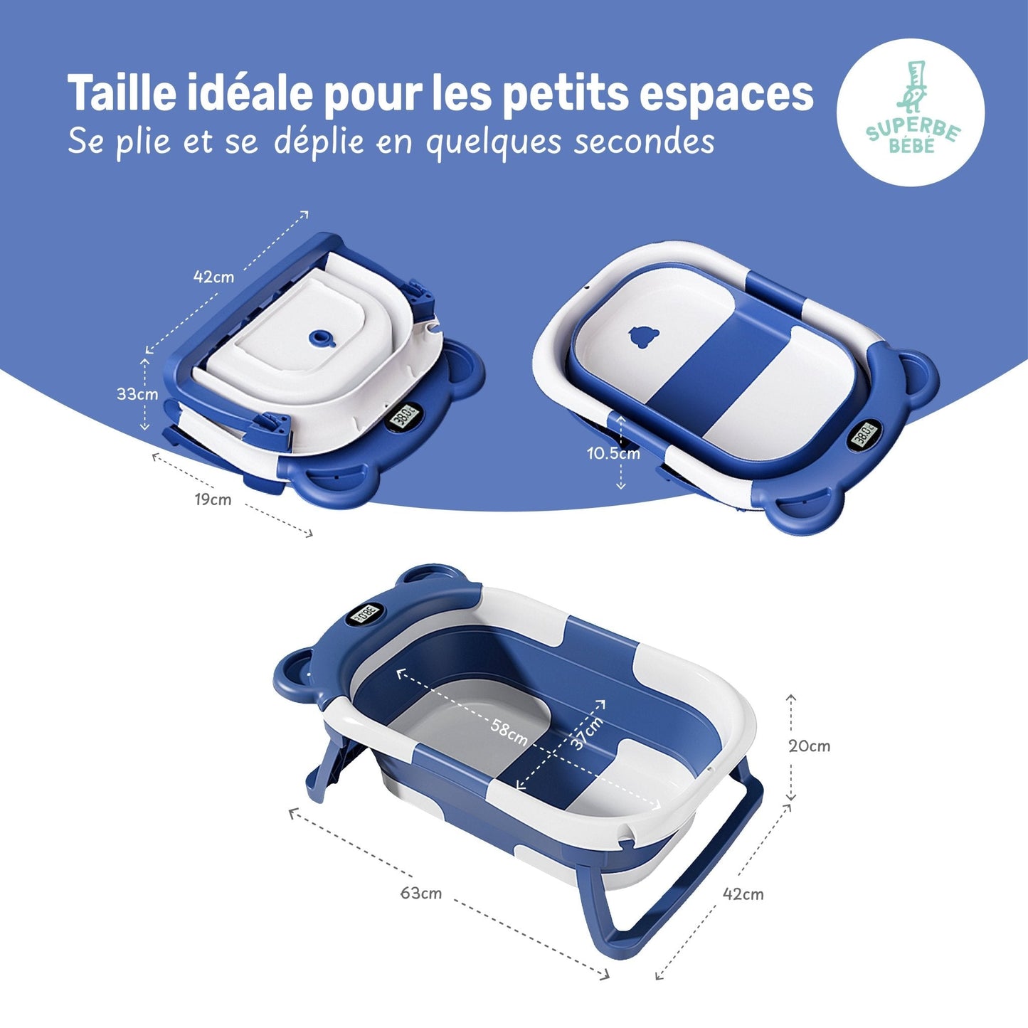 Baignoire bébé pliable compacte BEAR – Coussin & thermomètre inclus