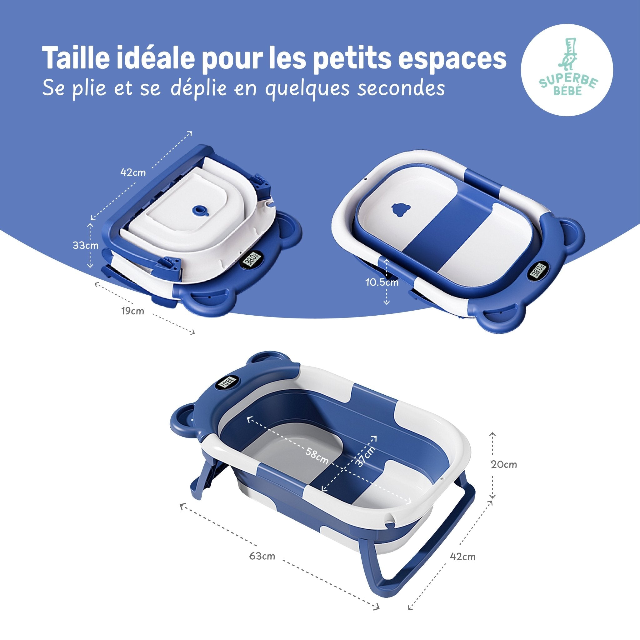 Baignoire bébé pliable compacte BEAR – Coussin & thermomètre inclus
