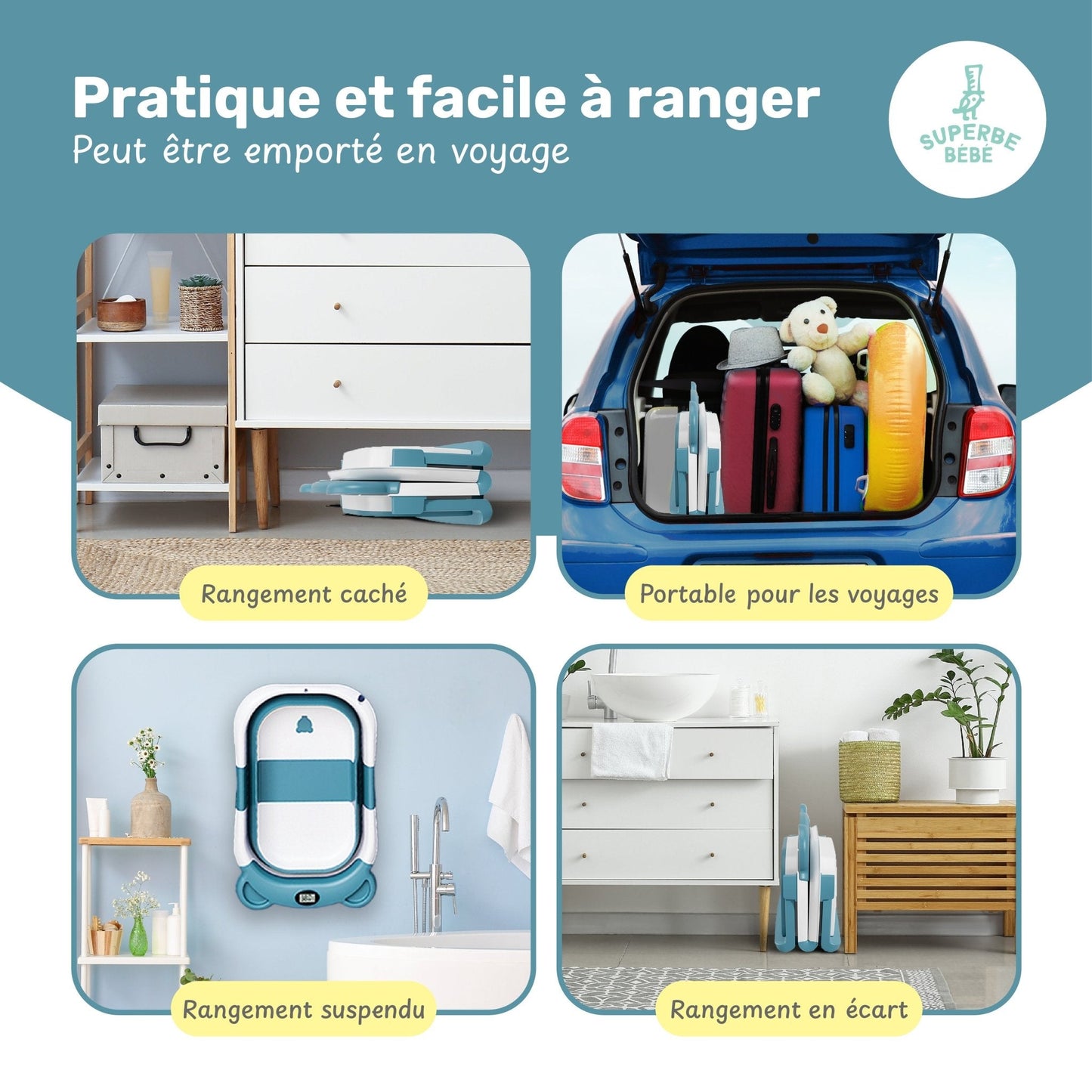 Baignoire bébé pliable compacte BEAR – Coussin & thermomètre inclus