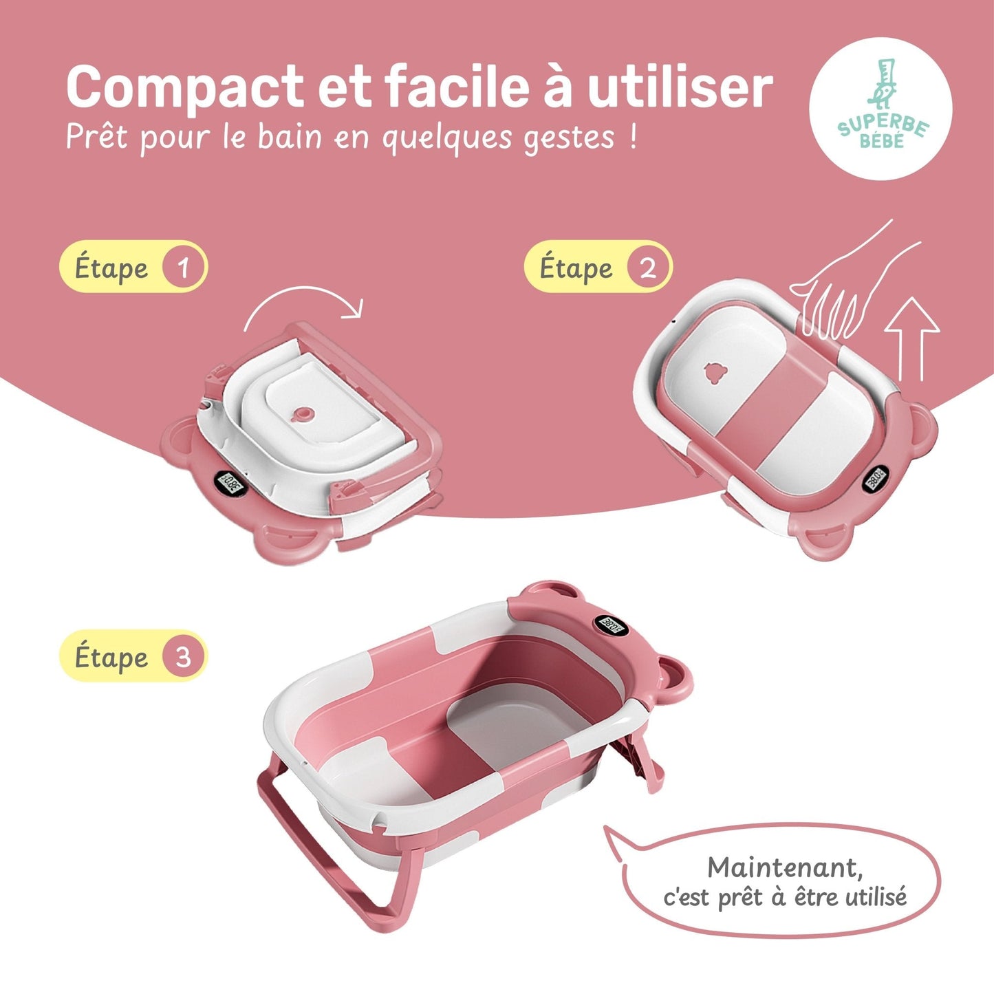 Baignoire bébé pliable compacte BEAR – Coussin & thermomètre inclus
