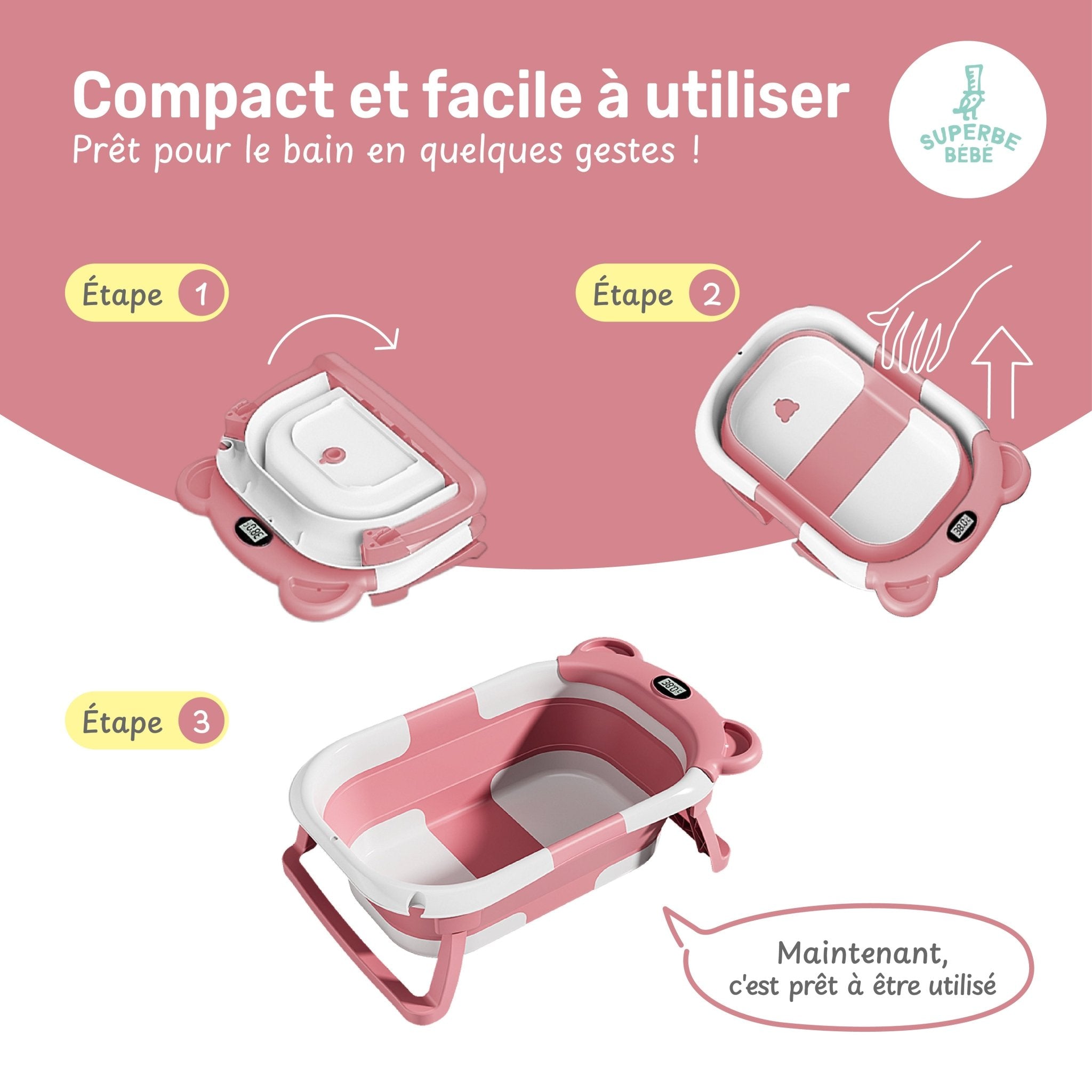 Baignoire bébé pliable compacte BEAR – Coussin & thermomètre inclus