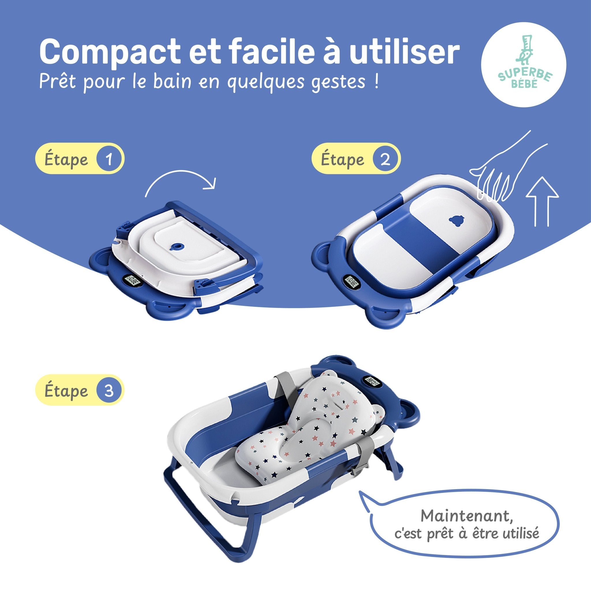 Baignoire bébé pliable compacte BEAR – Coussin & thermomètre inclus