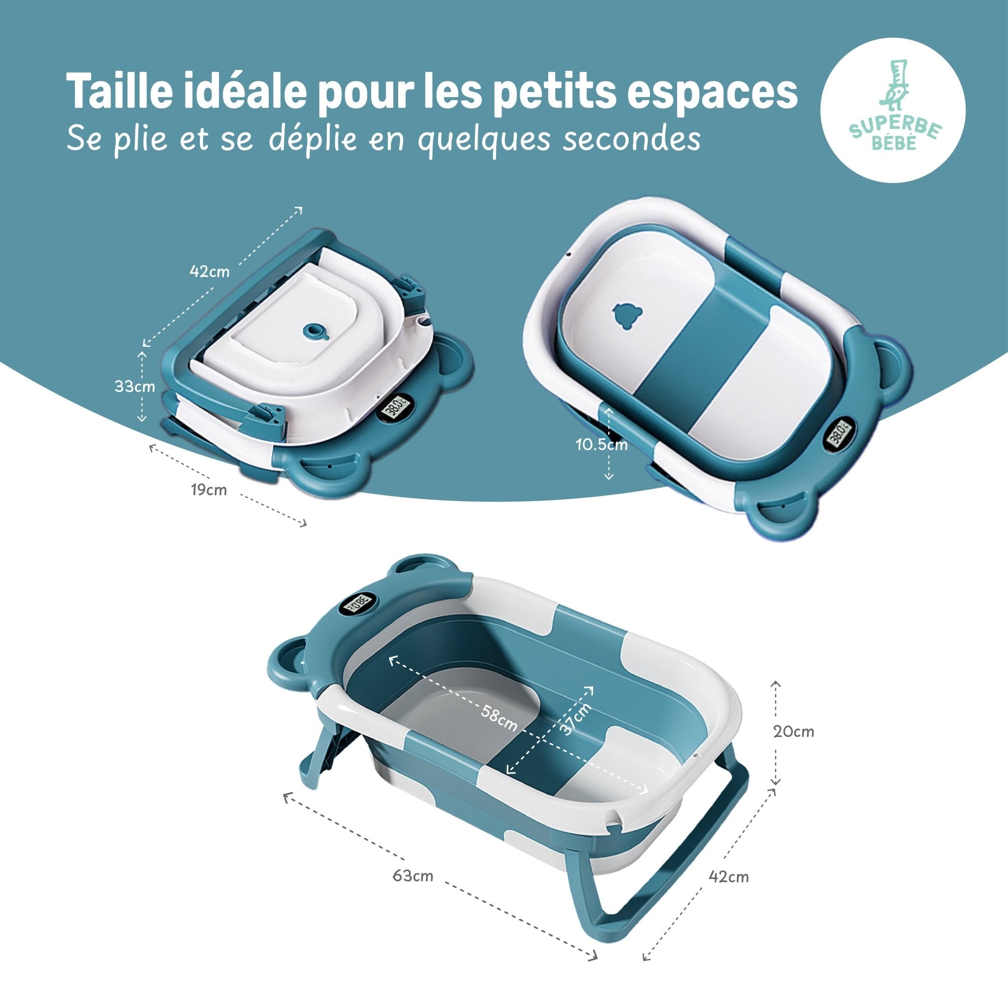 Baignoire bébé pliable compacte BEAR – Coussin & thermomètre inclus