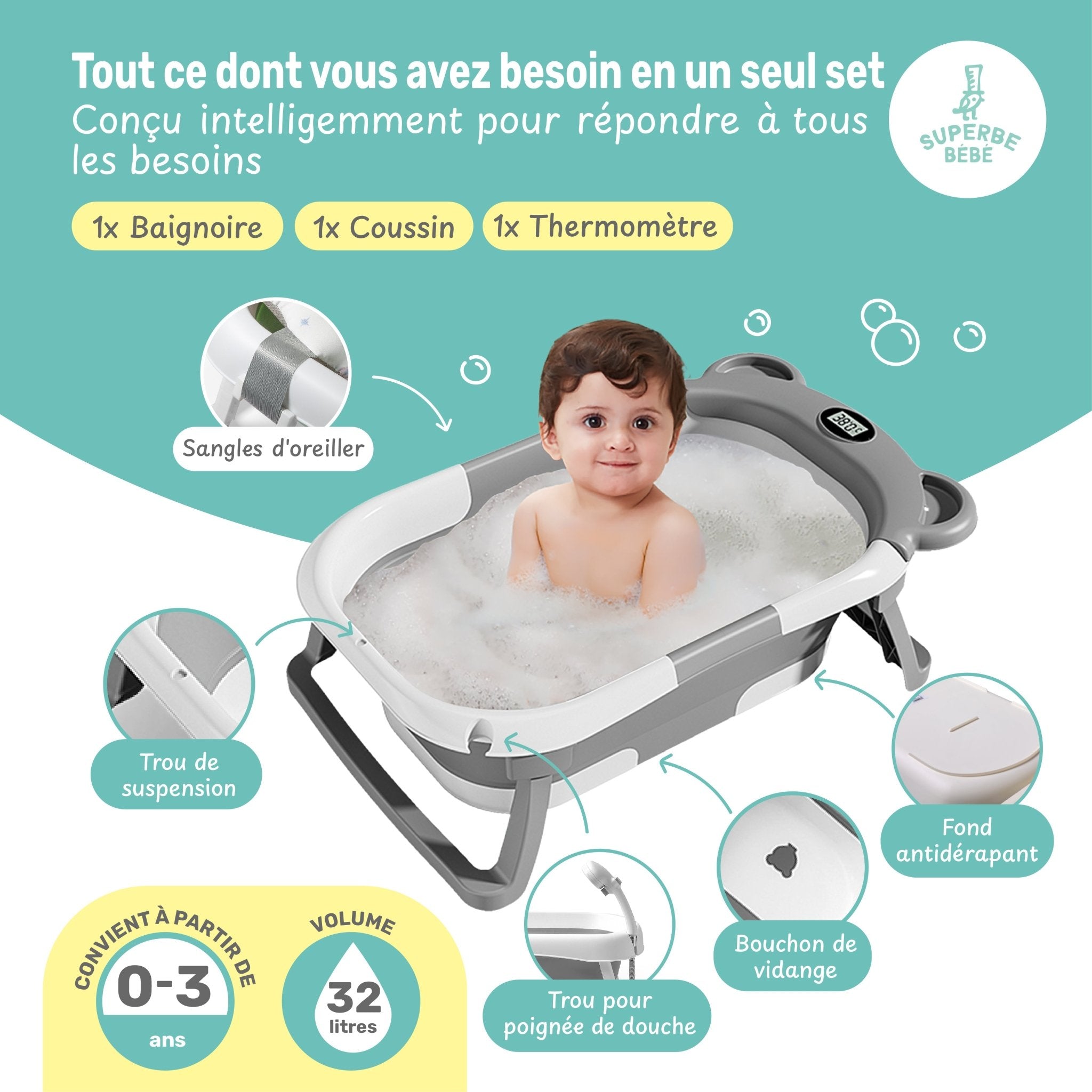 Baignoire bébé pliable compacte BEAR – Coussin & thermomètre inclus