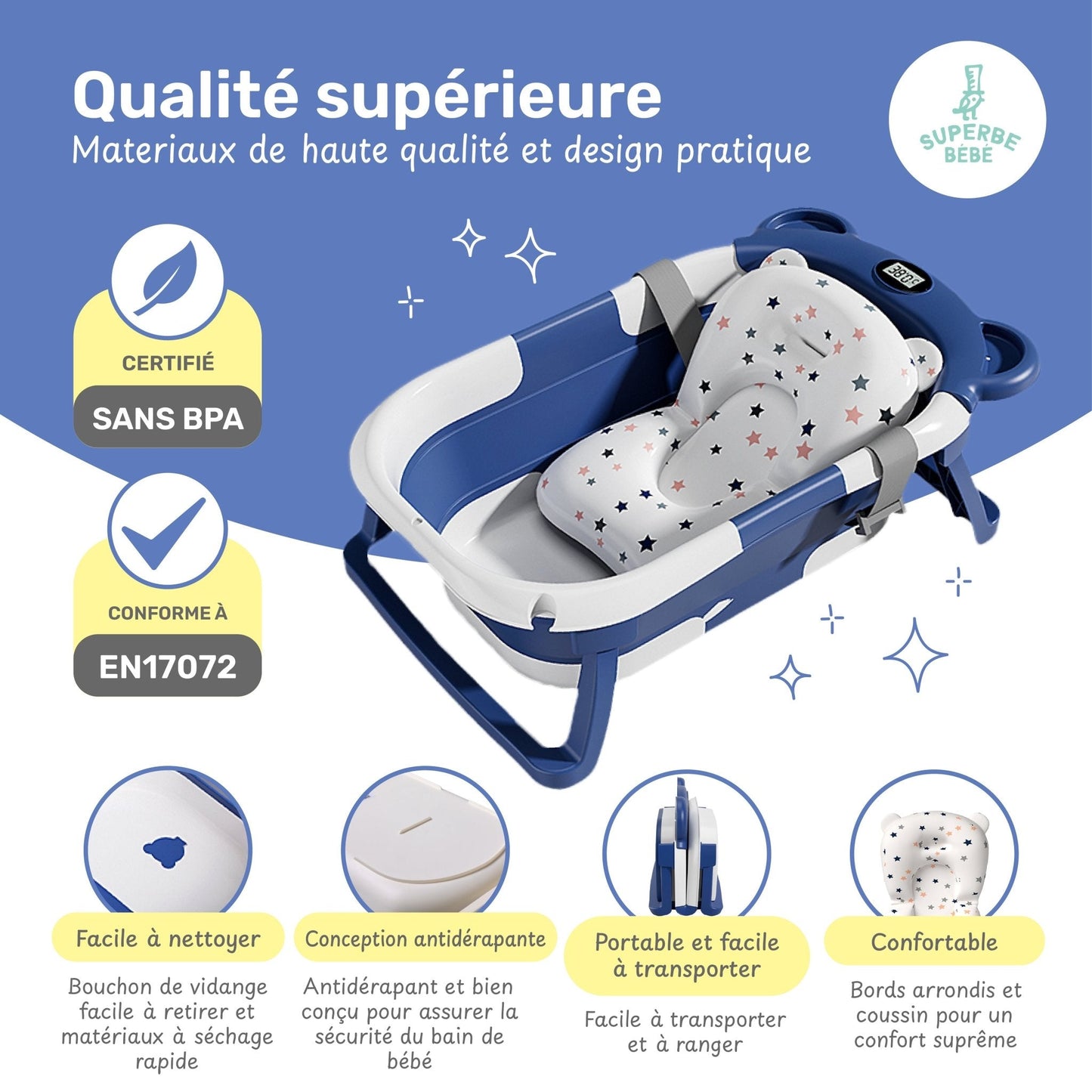 Baignoire bébé pliable compacte BEAR – Coussin & thermomètre inclus