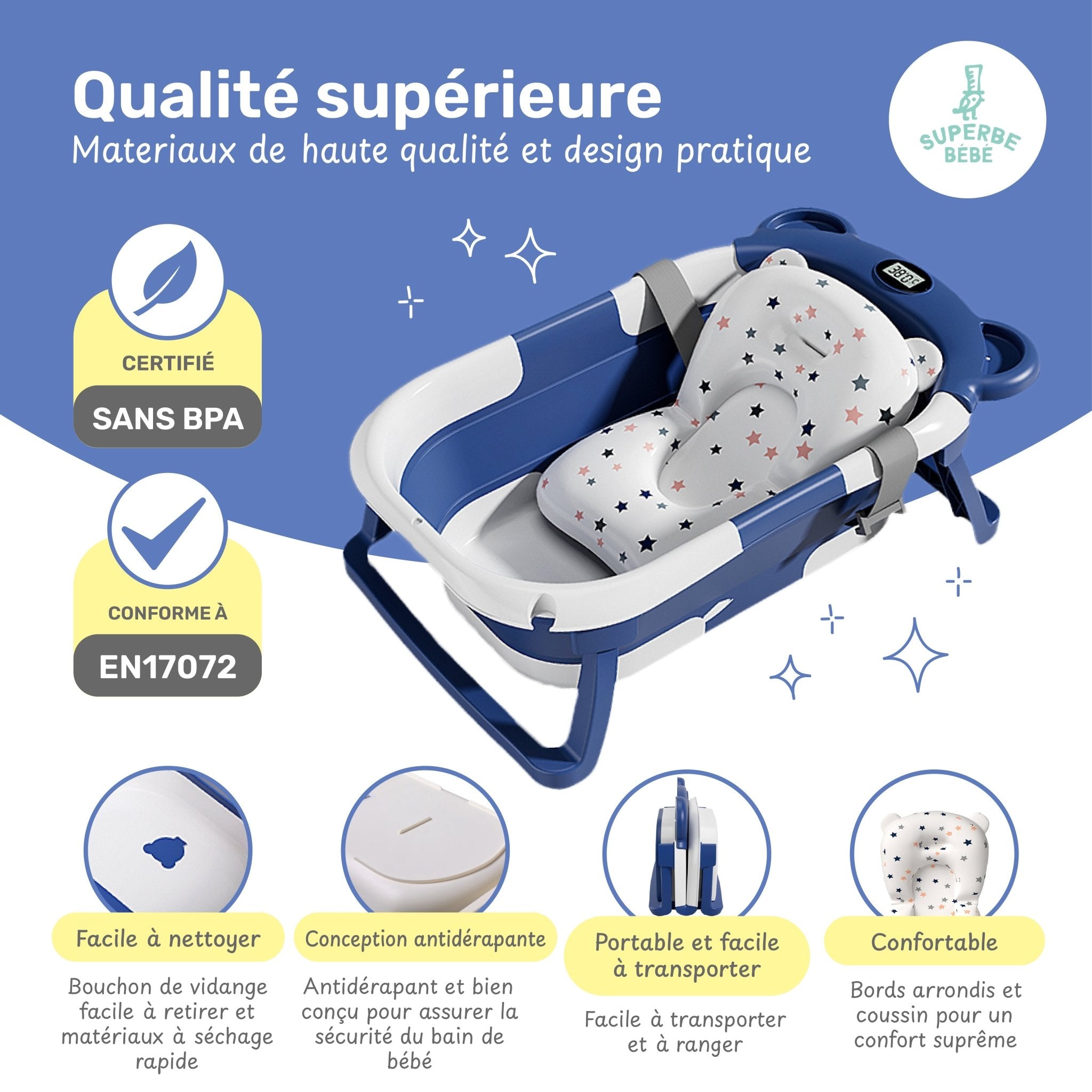 Baignoire bébé pliable compacte BEAR – Coussin & thermomètre inclus