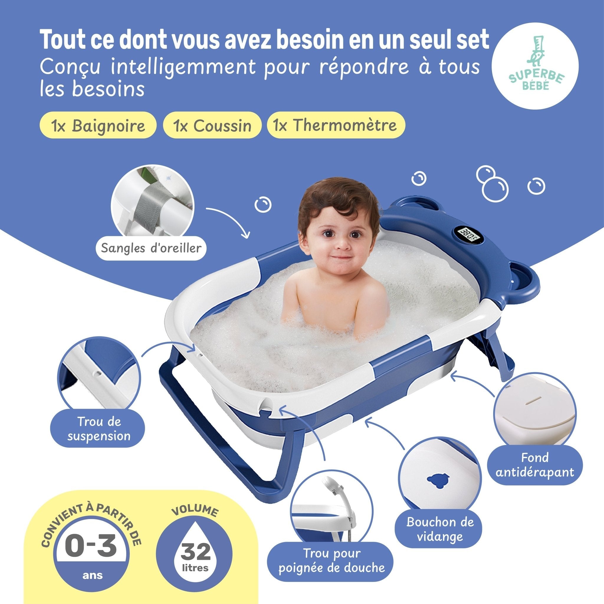 Baignoire bébé pliable compacte BEAR – Coussin & thermomètre inclus