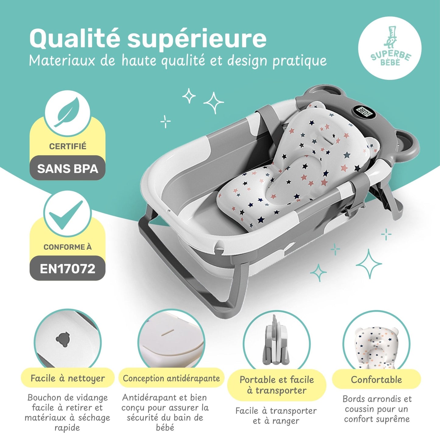 Baignoire bébé pliable compacte BEAR – Coussin & thermomètre inclus