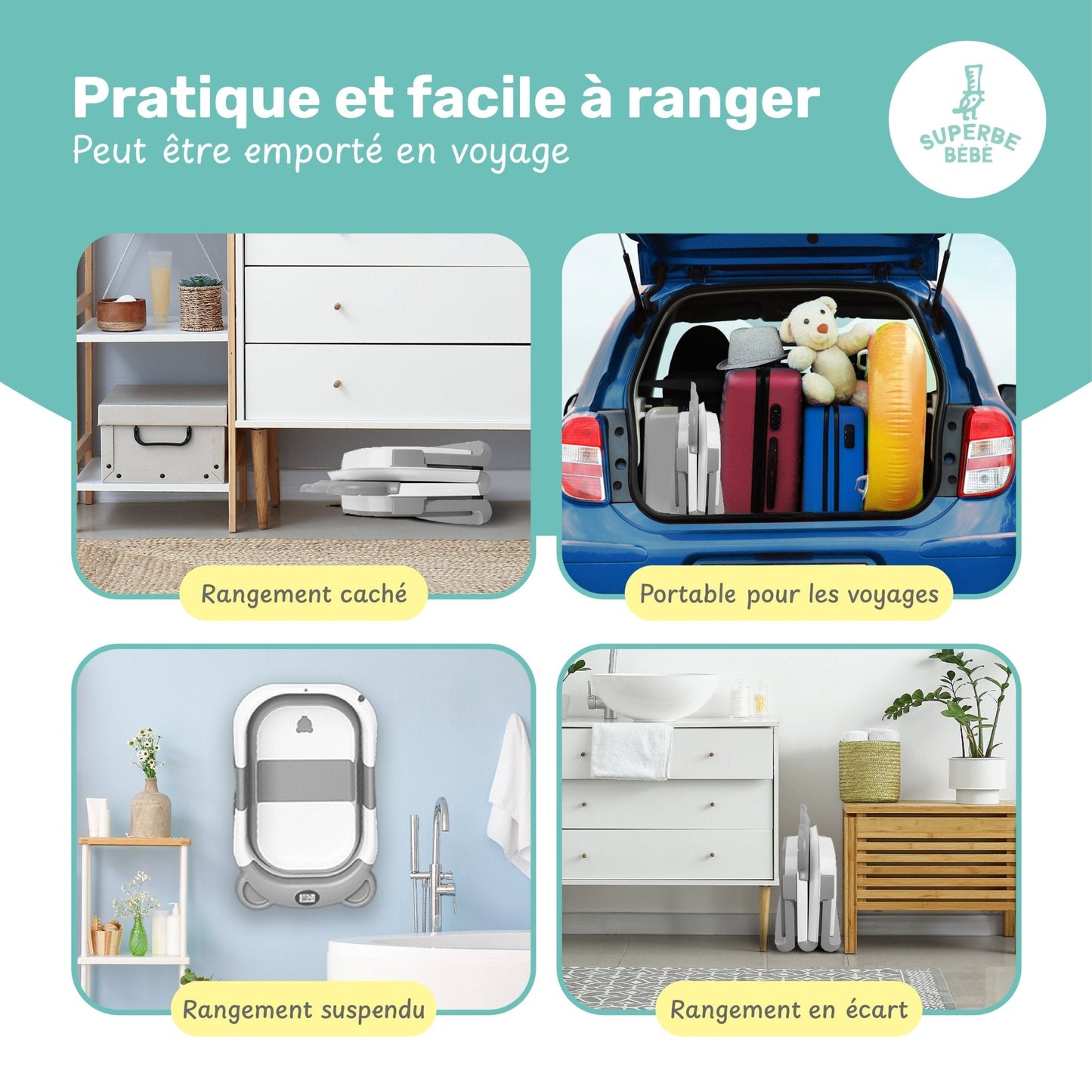 Baignoire bébé pliable compacte BEAR – Coussin & thermomètre inclus