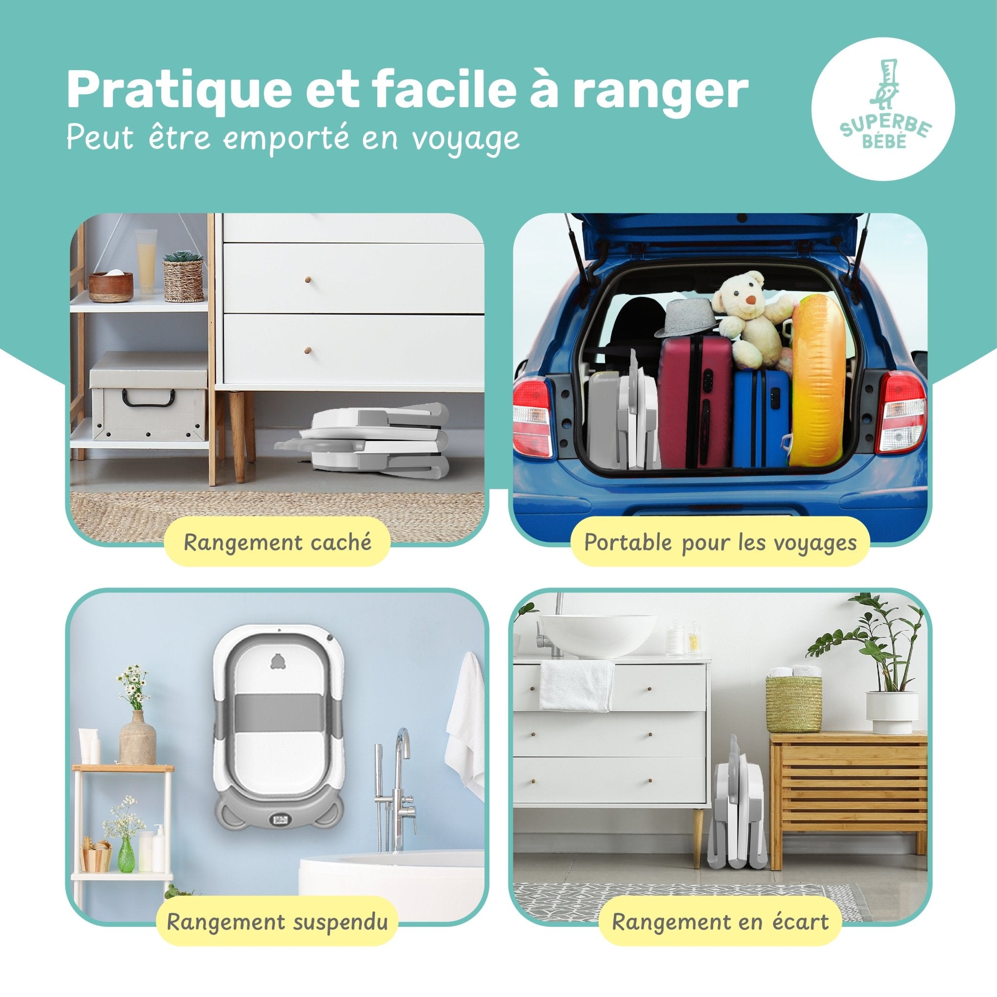 Baignoire bébé pliable compacte BEAR – Coussin & thermomètre inclus