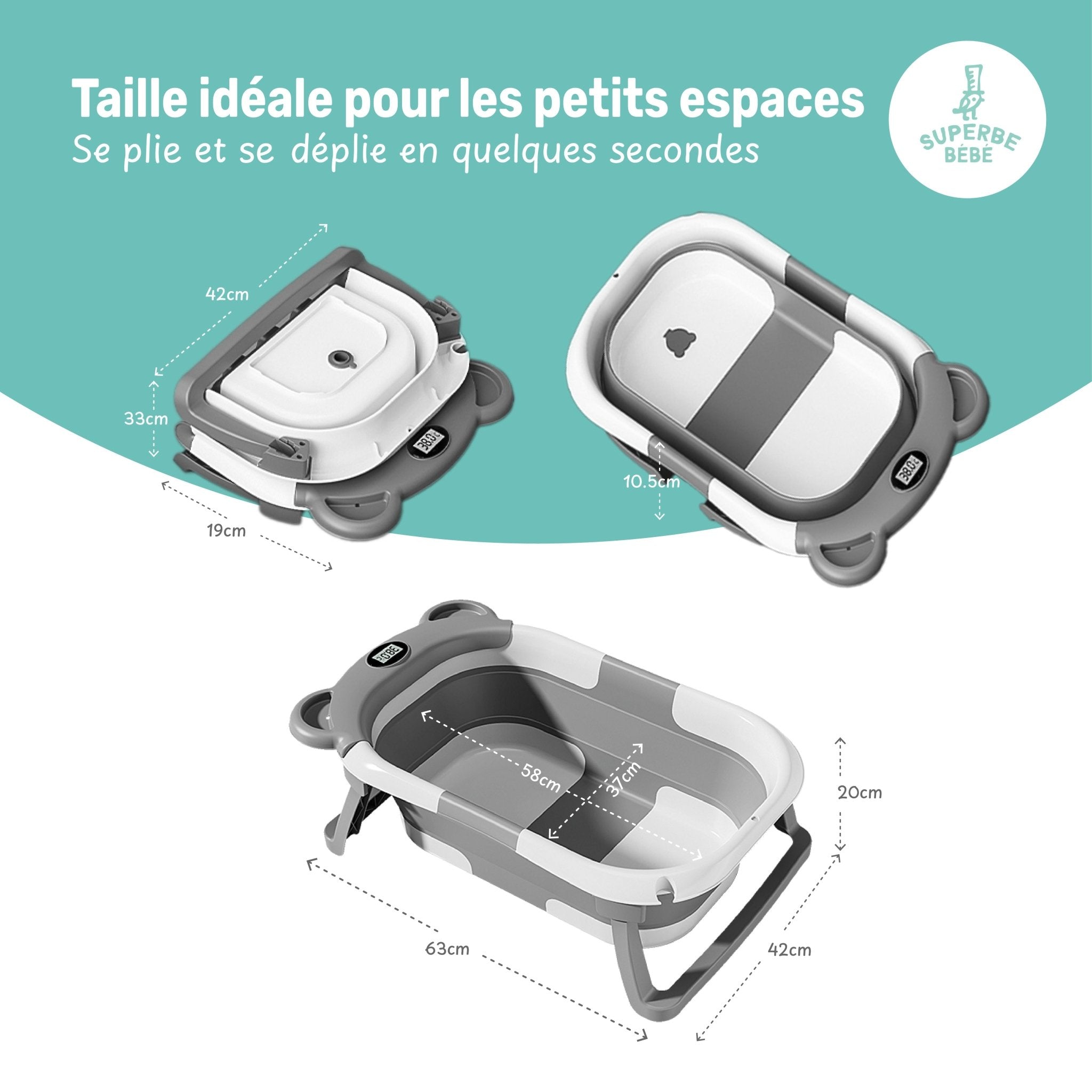 Baignoire bébé pliable compacte BEAR – Coussin & thermomètre inclus