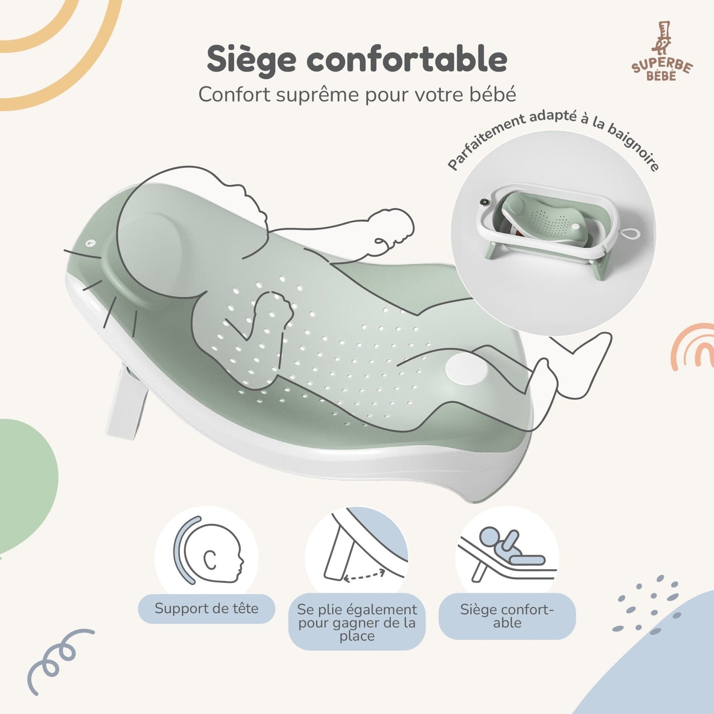 Baignoire bébé pliable sur pied – Transat ou coussin inclus