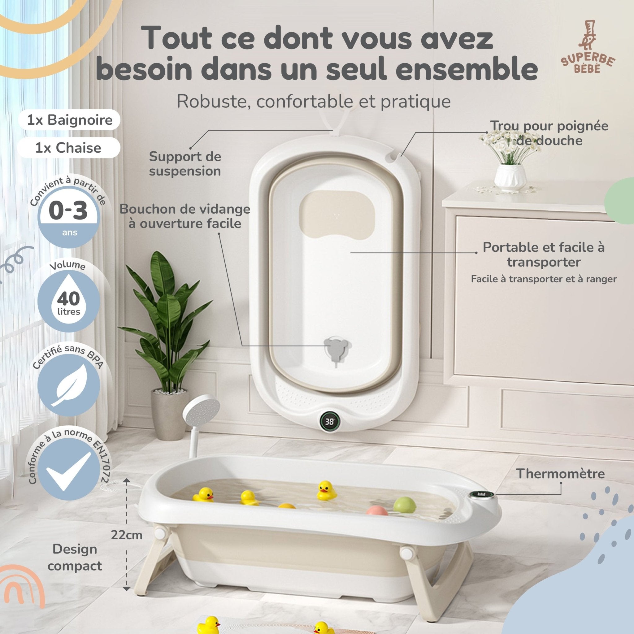 Baignoire bébé pliable sur pied – Transat ou coussin inclus
