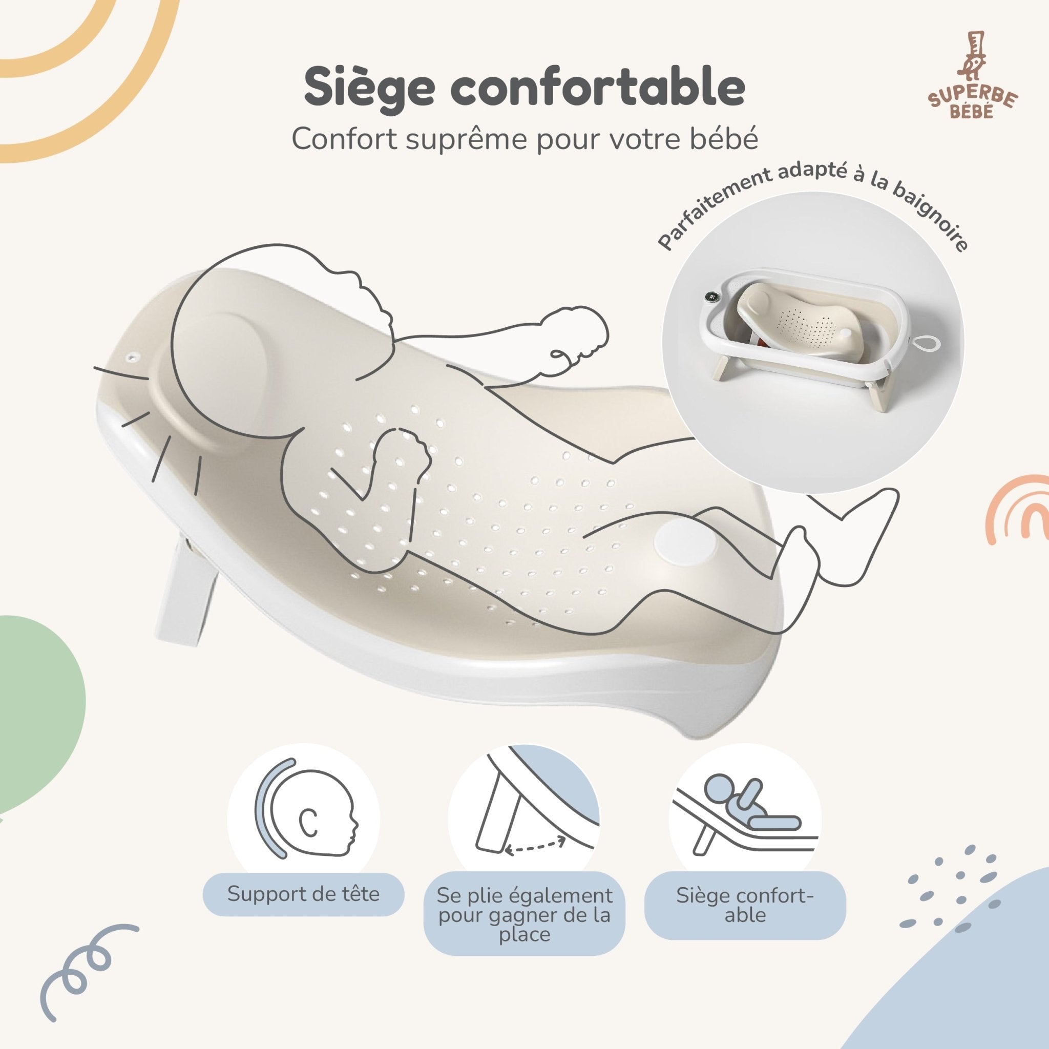 Baignoire bébé pliable sur pied – Transat ou coussin inclus