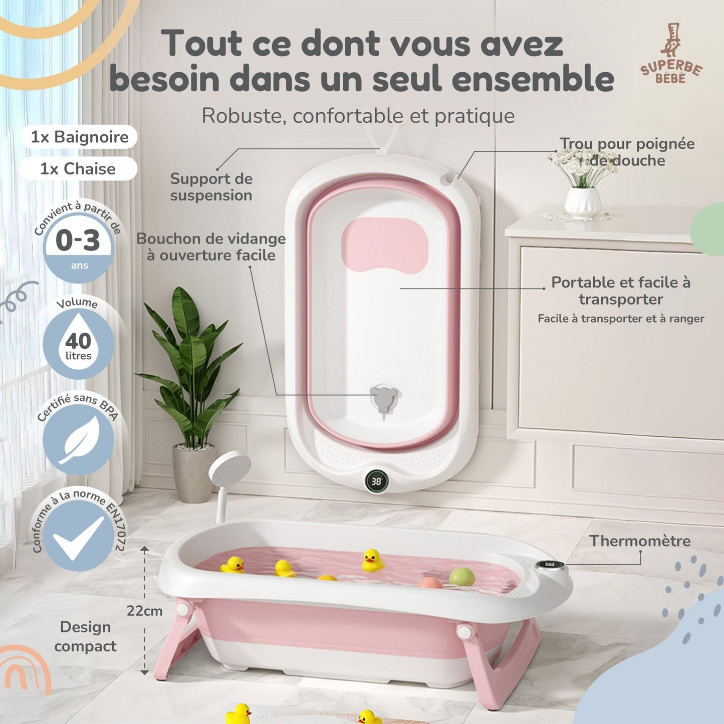 Baignoire bébé pliable sur pied – Transat ou coussin inclus