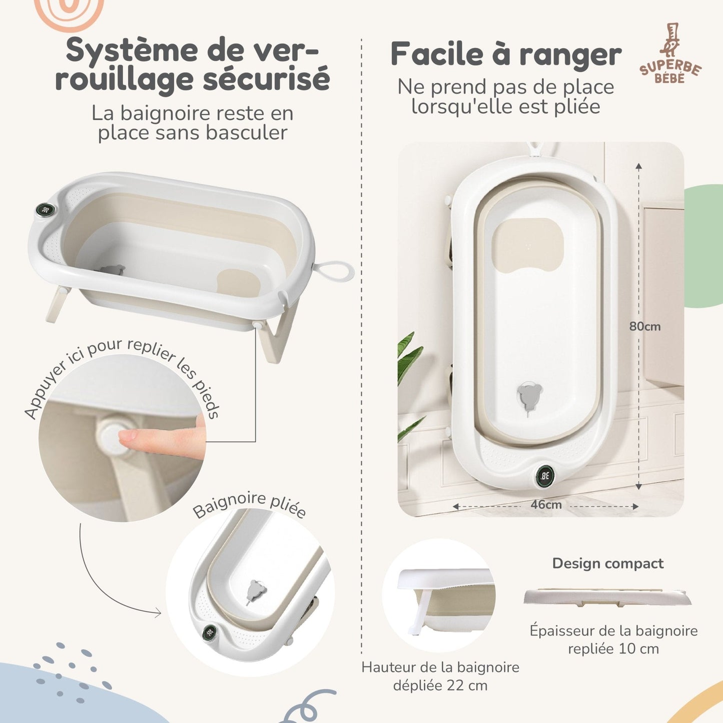 Baignoire bébé pliable sur pied – Transat ou coussin inclus