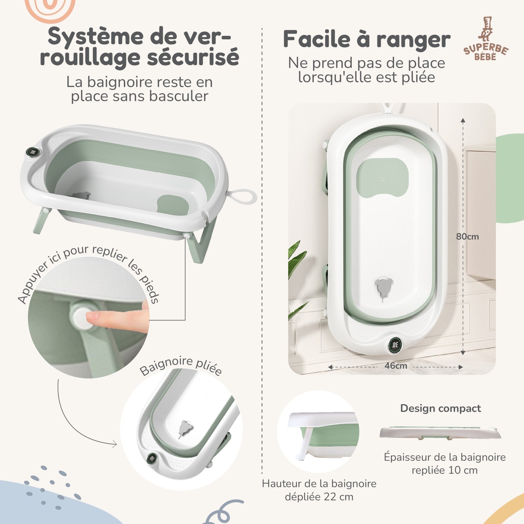 Baignoire bébé pliable sur pied – Transat ou coussin inclus