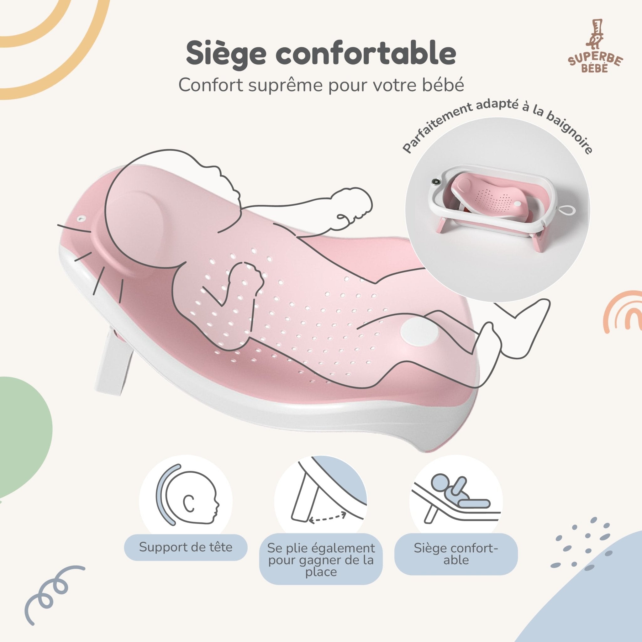 Baignoire bébé pliable sur pied – Transat ou coussin inclus