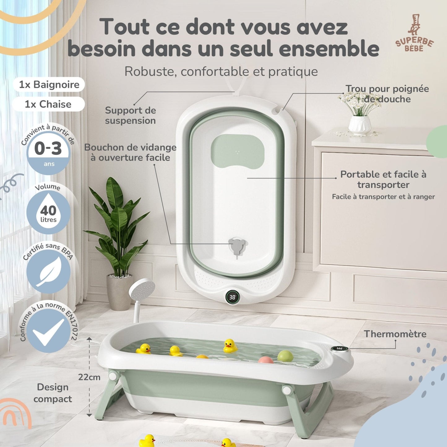 Baignoire bébé pliable sur pied – Transat ou coussin inclus