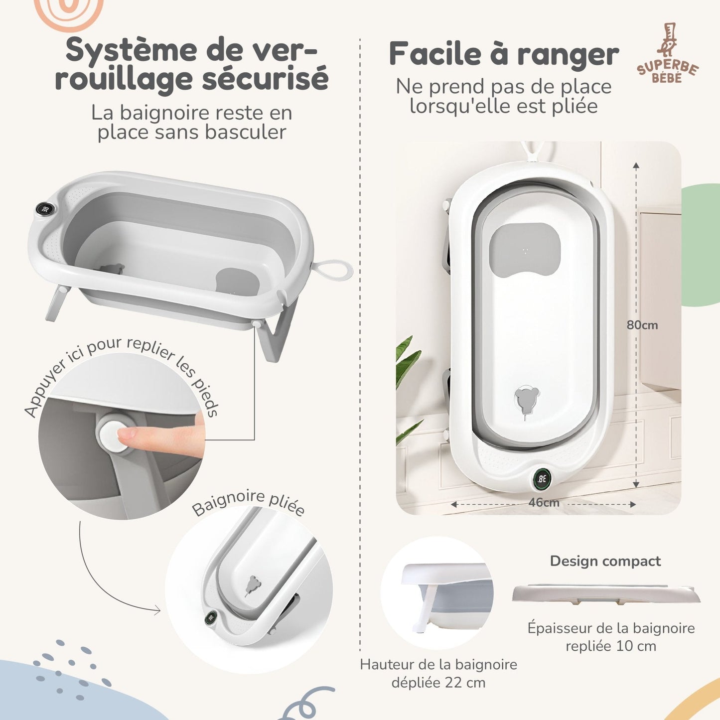 Baignoire bébé pliable sur pied – Transat ou coussin inclus