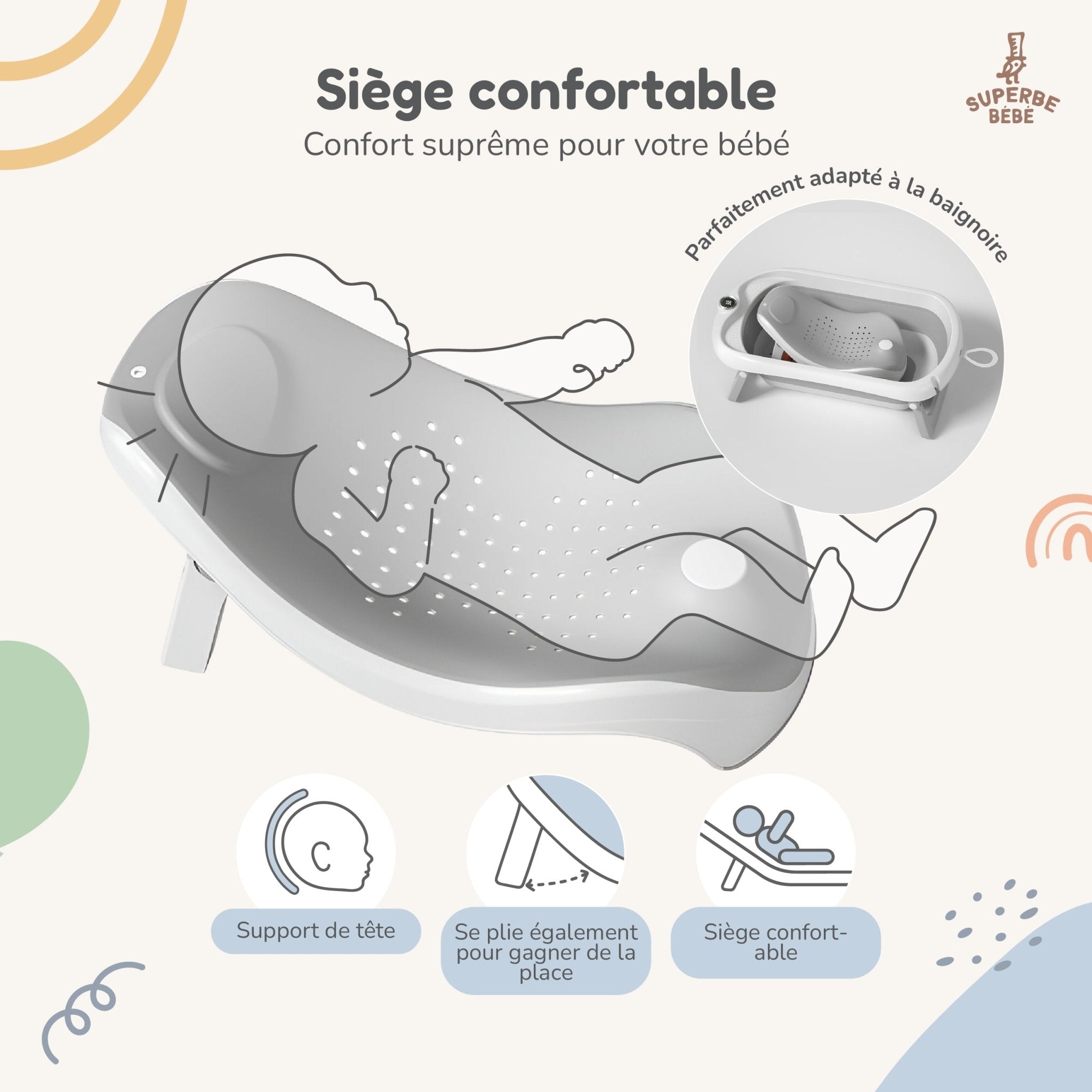 Baignoire bébé pliable sur pied – Transat ou coussin inclus