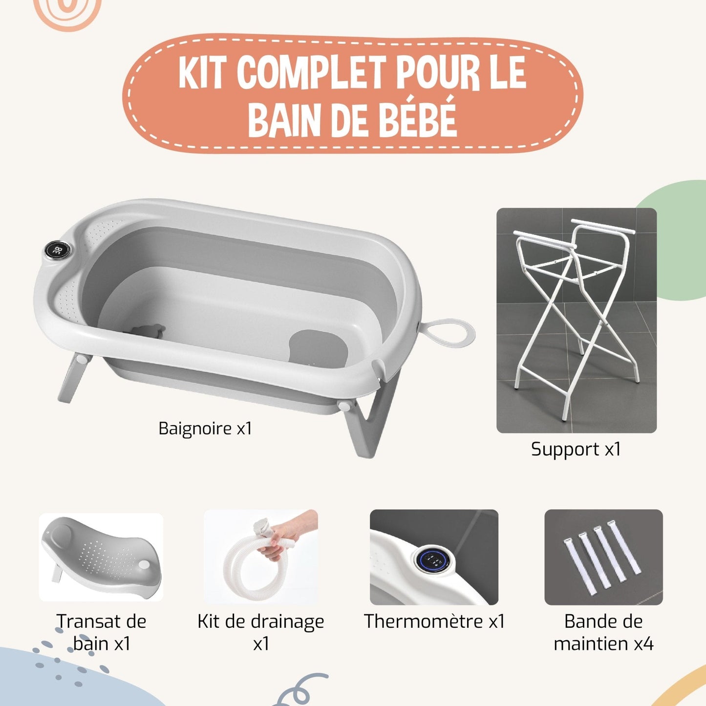 Baignoire bébé pliable avec support et kit de drainage