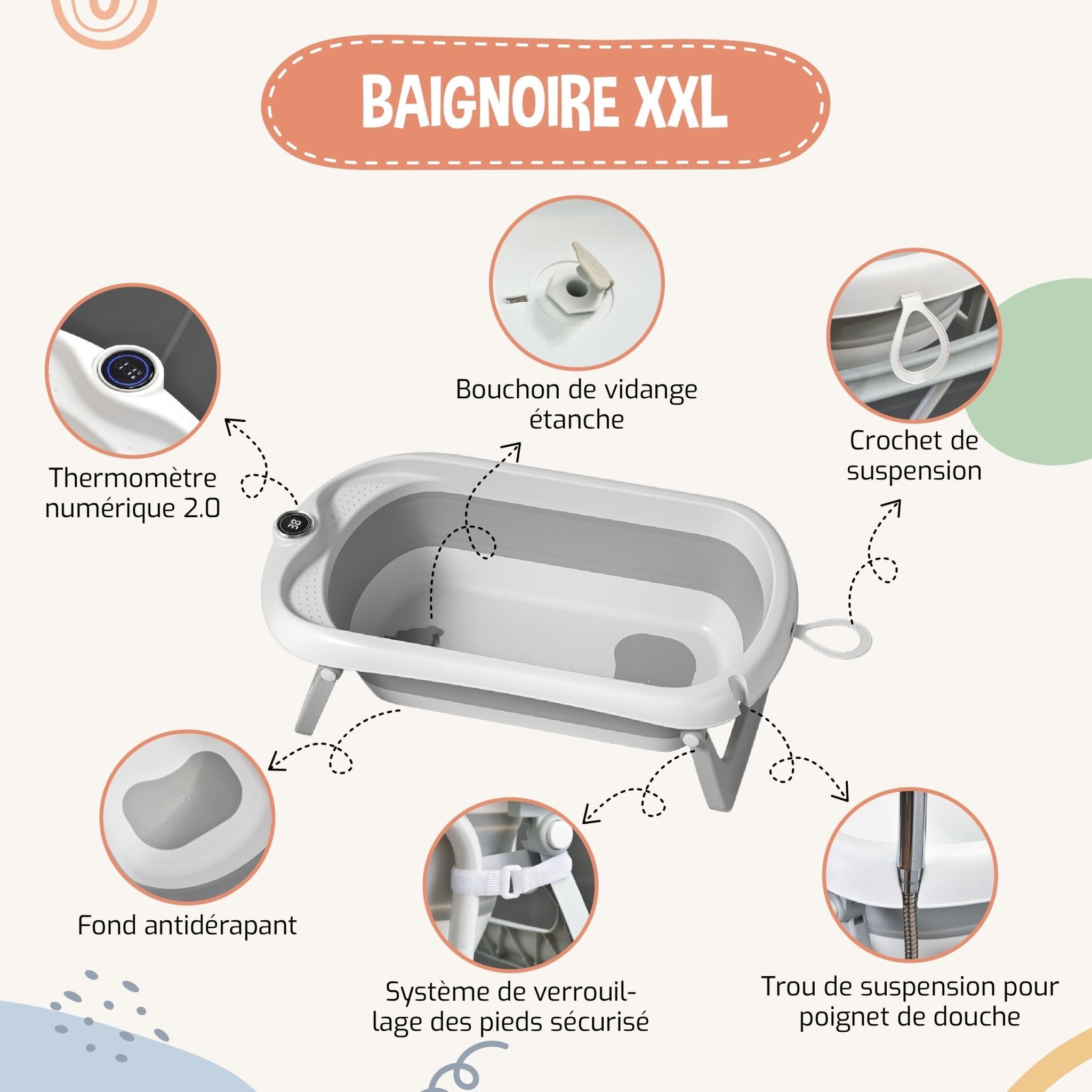 Baignoire bébé pliable avec support et kit de drainage