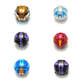 Six bakugan jouet boules transformables colorés en orange, bleu, violet, rouge, et noir avec divers accents designs