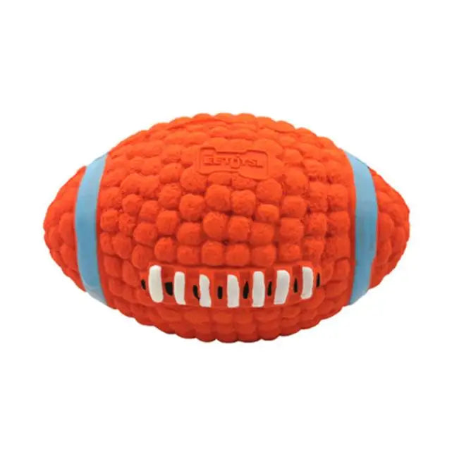 Balle pour chien qui fait du bruit en forme de ballon de football orange avec bandes bleu clair et coutures blanches