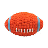 Balle pour chien qui fait du bruit en forme de ballon de football orange avec bandes bleu clair et coutures blanches