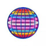 Balle volante lumineuse en forme de globe sphérique neon avec cadre bleu et bandes horizontales arc-en-ciel lumineuses